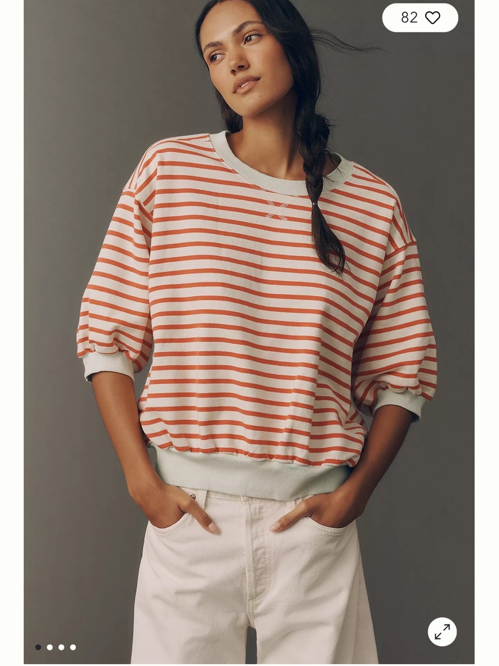 Pilcro Cream & Orange Striped Puff-Sleeve Sweatshirt